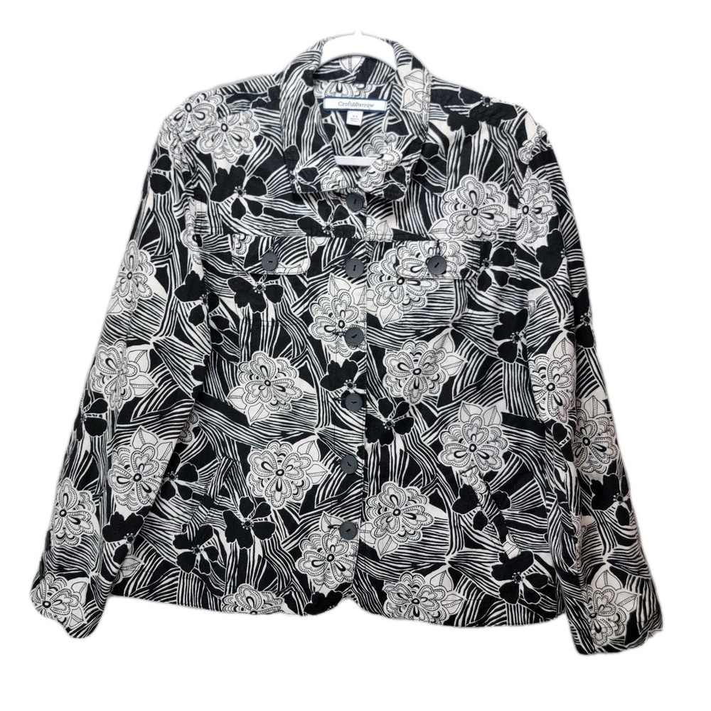 Croft Barrow Trucker Jacket Size XL Black Floral Linen Blend Long Sleeve Pockets